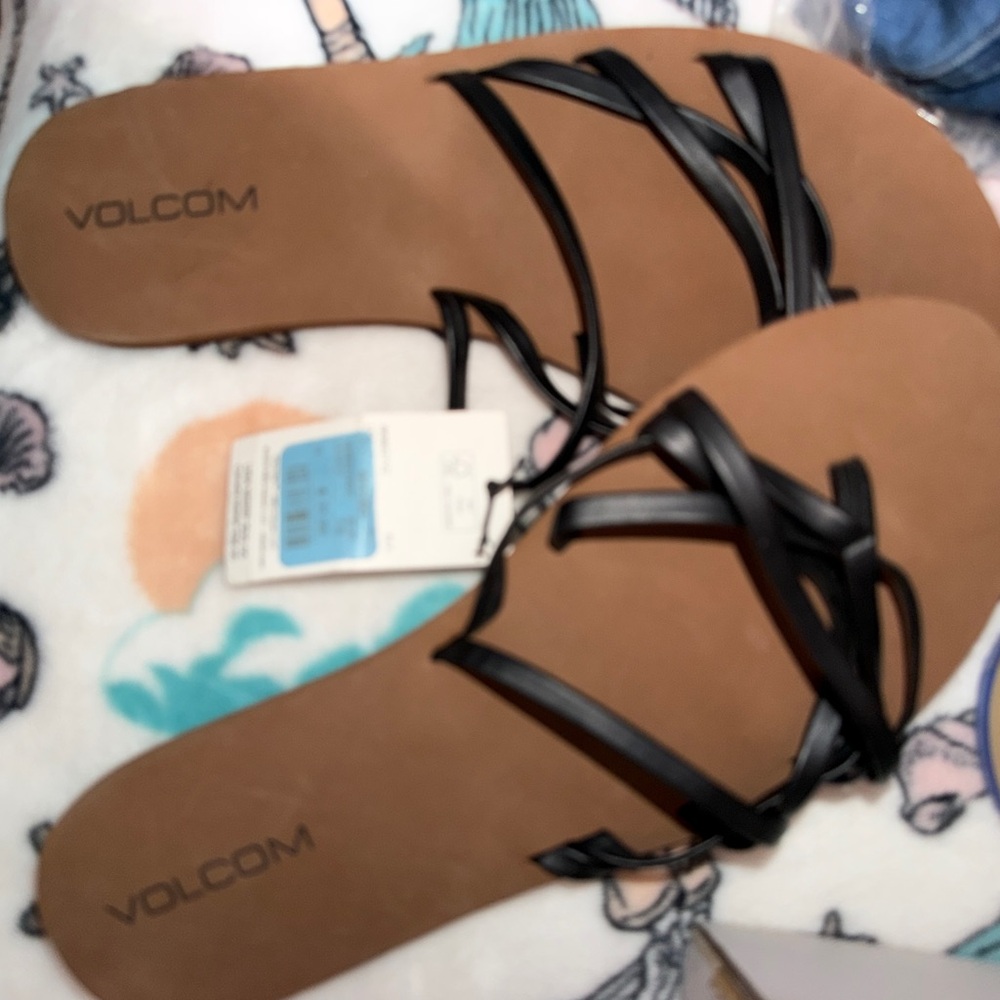 Volcom Black Strappy Women's Slide Sandals with Brown Footbed